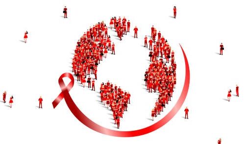 World AIDS Day. 1st December. A large group of people in red color form a globe shape with a red ribbon. Healthcare and medical concept. Vector Illustration.
