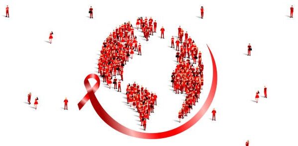 World AIDS Day. 1st December. A large group of people in red color form a globe shape with a red ribbon. Healthcare and medical concept. Vector Illustration.